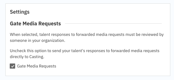 A settings dialog box titled "Gate Media Requests," which includes explanatory text and a checked checkbox labeled "Gate Media Requests."