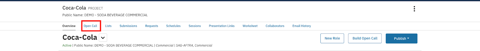 Screenshot of the Coca-Cola project page on the Talent Systems portal, showing the project's details and navigation tabs such as Overview, Open Call, Lists, Submissions, and more.