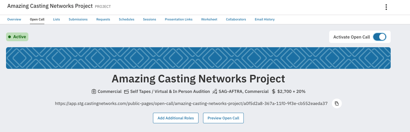 Screenshot of a webpage titled 'Amazing Casting Networks Project'. The page shows the following details:  A project is labeled as 'Active'. There is a large banner image with a blue and white geometric pattern. The project title 'Amazing Casting Networks Project' is prominently displayed. Information icons indicating it is a commercial project with self tapes and virtual and in-person auditions. Details stating '$3,600 +20%' benefits and '$2,700 - 20%' compensation. URL link to the public page. Buttons for 'Add Additional Roles' and 'Preview Open Call' are displayed below the details.