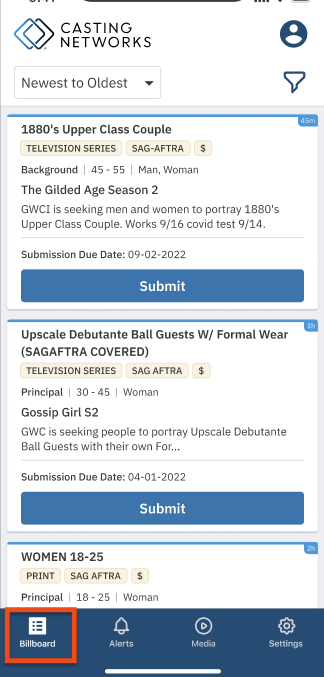 The 'Billboard' screen in the Casting Networks app, with a box highlighting the filter icon in the top right corner.
