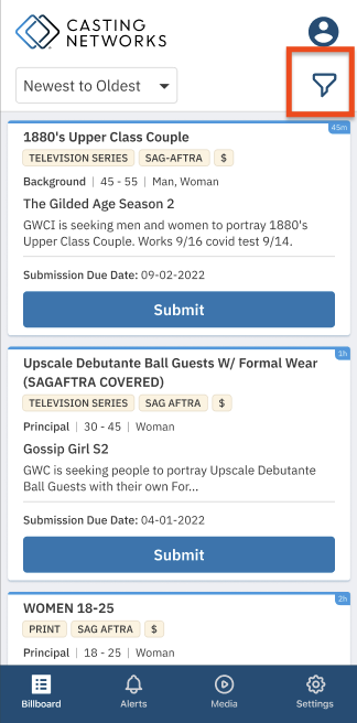 The 'Billboard' screen in the Casting Networks app, with a box highlighting the filter icon in the top right corner.