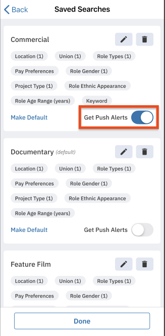 The 'Edit Saved Search' screen, with the 'Get Push Alerts' toggle switch shown in the blue 'ON' position.