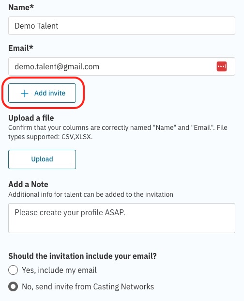 A screenshot of the 'Invite Talent' form on Casting Networks. The 'Name' and 'Email' fields are filled in, and the '+ Add invite' button is circled in red, indicating the action to add the talent to the invitation list.