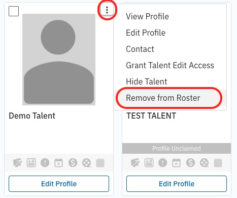 A screenshot of a "Demo Talent" profile card on the Casting Networks roster. The three-dot menu icon on the card is circled, and from the resulting dropdown menu, the "Remove from Roster" option is also highlighted with a red circle.