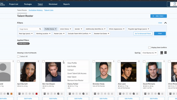 A wide screenshot of the Casting Networks 'Talent Roster' page, which displays a grid of talent headshots and profiles. The three-dot menu on one talent's card (Ben Van Diepen) is open, showing options like 'View Profile,' 'Edit Profile,' and 'Remove from Roster.'