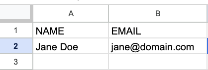 A simple spreadsheet example showing column headers 'NAME' in A1 and 'EMAIL' in B1, with a single entry in row 2: 'Jane Doe' and 'jane@domain.com'.