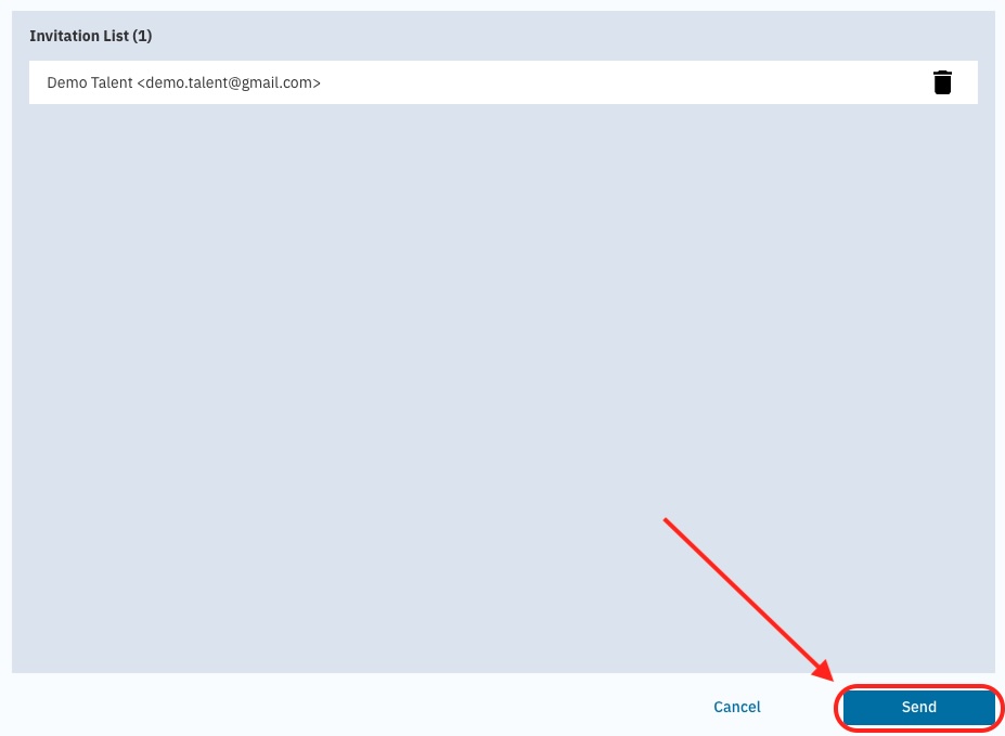 A screenshot of the Casting Networks 'Invitation List' screen, showing "Demo Talent" added as a recipient. A red arrow points to the "Send" button to finalize and send the invitation.