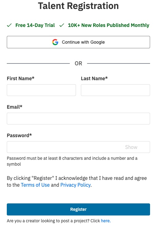 A "Talent Registration" form highlighting a "Free 14-Day Trial" and "10K+ New Roles Published Monthly". Users can sign up using a "Continue with Google" button or by manually filling out fields for First Name, Last Name, Email, and Password. The form includes password requirements, a legal disclaimer, and a final "Register" button.