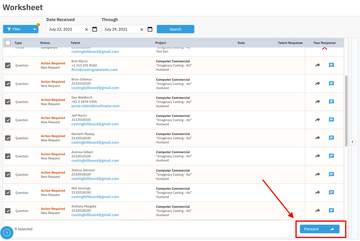 A screenshot of a web application's worksheet interface, with a large red arrow and a red box highlighting the blue "Forward" button at the bottom right corner.