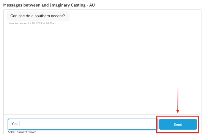 A screenshot of a messaging interface, with a reply of "Yes!!" in the text box, and a red arrow and red box highlighting the blue "Send" button.