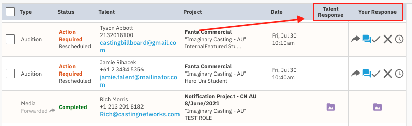 A screenshot of a web application interface, with a red arrow and a red box highlighting the 'Talent Response' and 'Your Response' column headers.