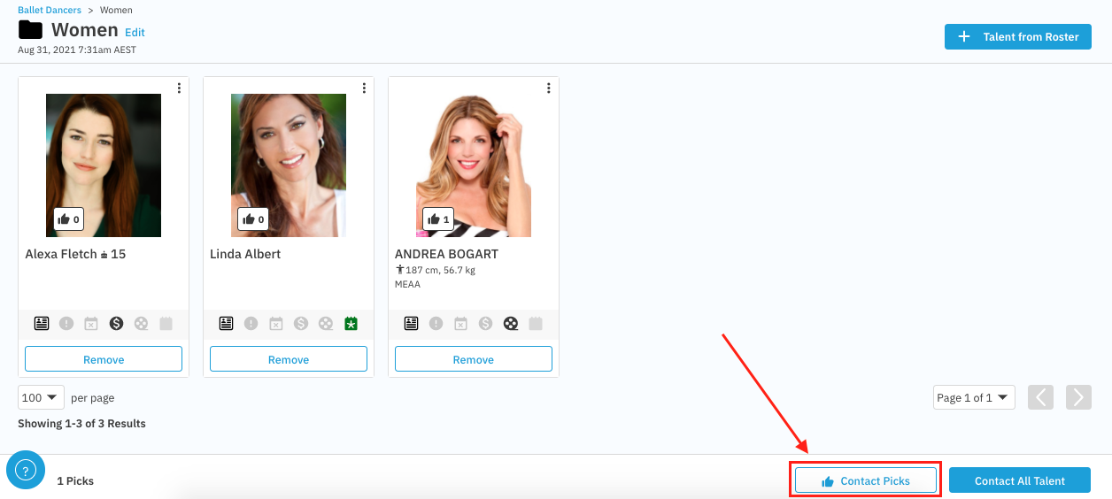 Talent folder view highlighting the 'Contact Picks' button in the bottom right corner.