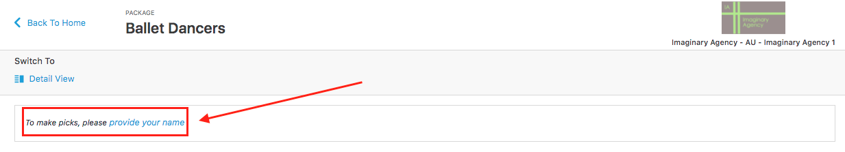 Client view of a package showing the 'provide your name' button.